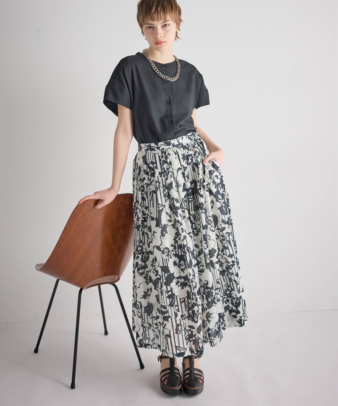 ATSURO TAYAMA モノトーンストライプ×フラワードレープスカート_sub_8