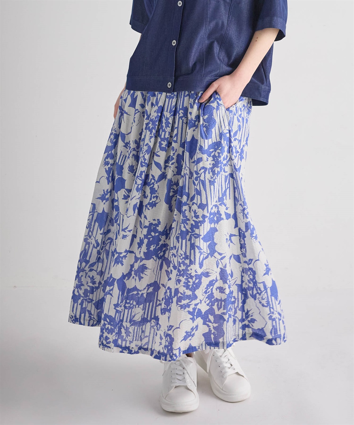 ATSURO TAYAMA モノトーンストライプ×フラワードレープスカート_sub_11