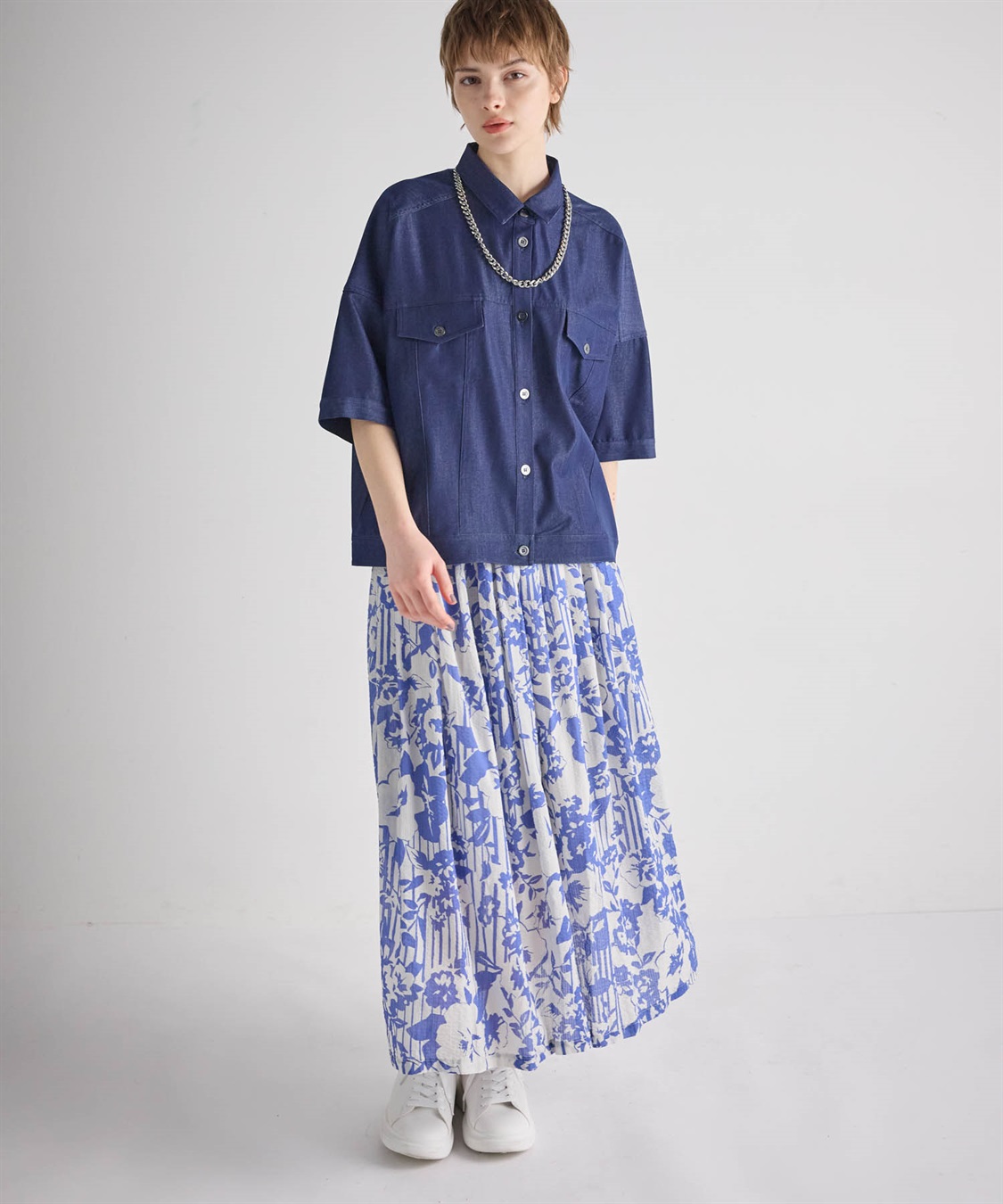 ATSURO TAYAMA モノトーンストライプ×フラワードレープスカート_sub_14