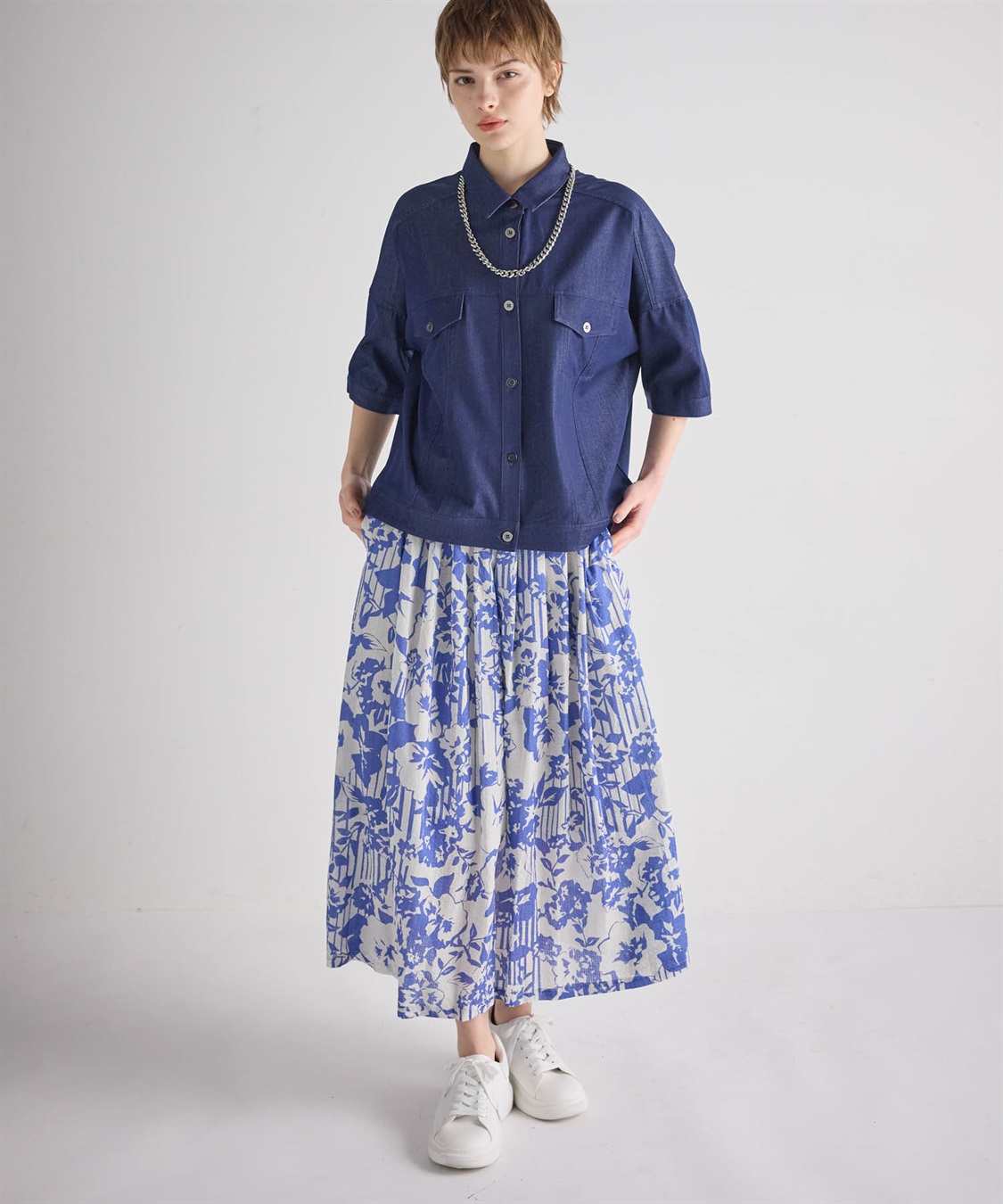 ATSURO TAYAMA モノトーンストライプ×フラワードレープスカート_sub_16