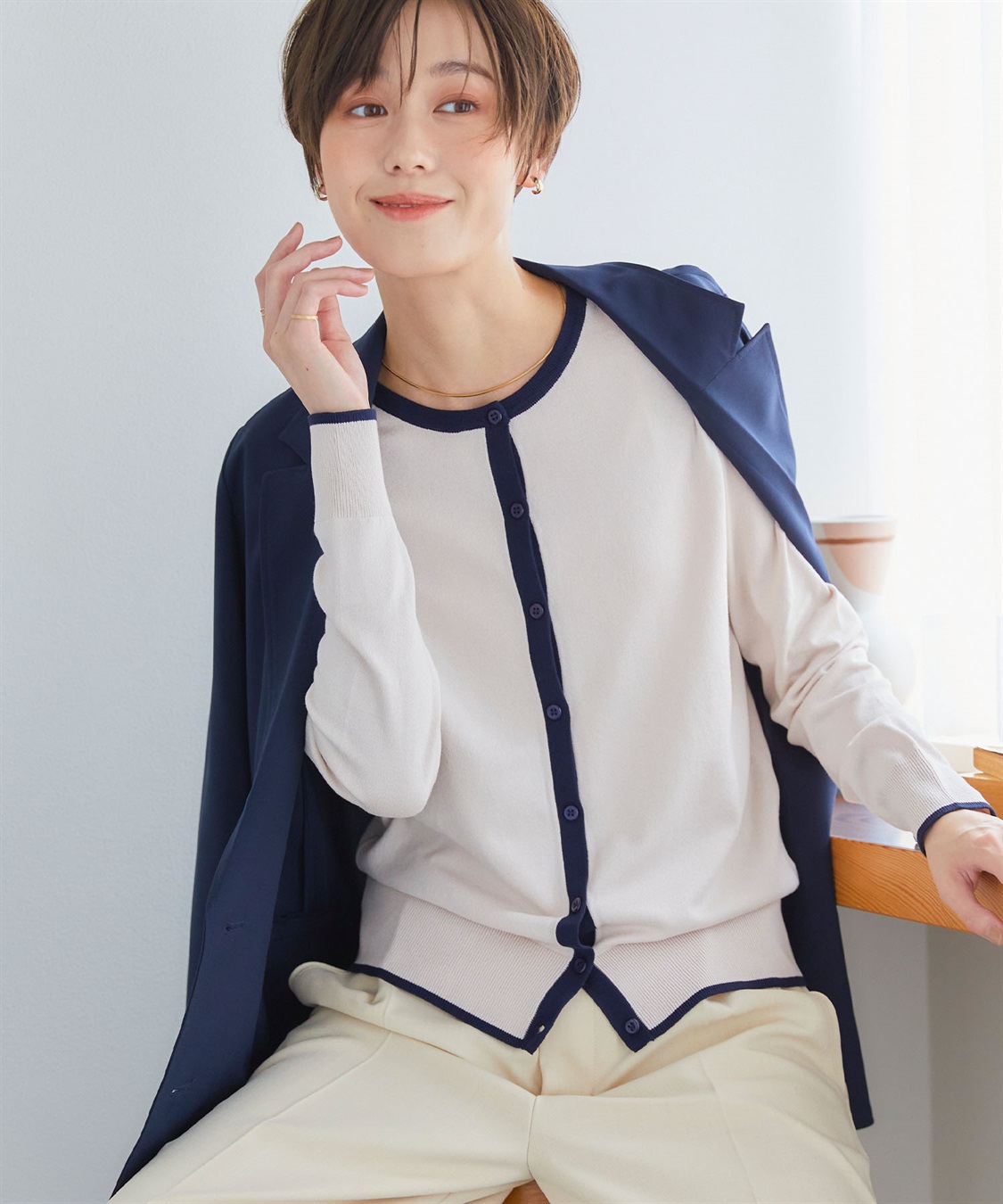 CROSS FUNCTION 【メディア掲載】おうちで洗える　バイカラークルーネックカーディガン【CF/クロスファンクション】_sub_3