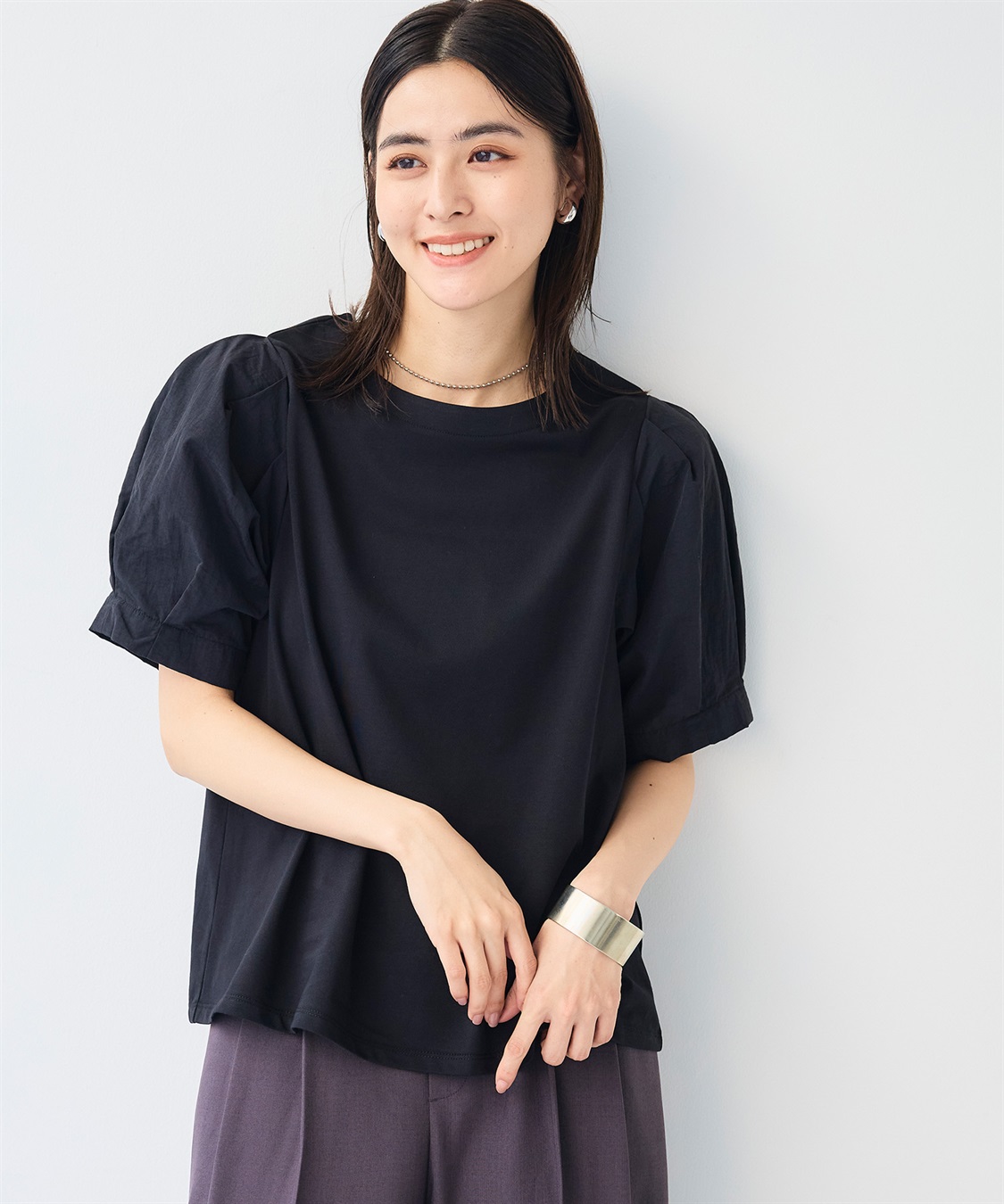 CROSS FUNCTION 《汗染み防止》エブ楽 異素材ドッキングボリュームスリーブカットソー_sub_1