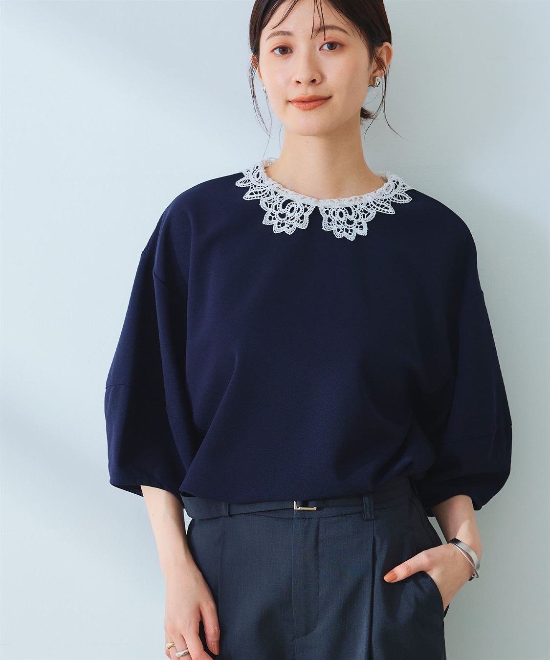 CROSS FUNCTION 《ストレッチ》サマ美え レース衿ジョーゼットバルーンスリーブトップス_sub_5