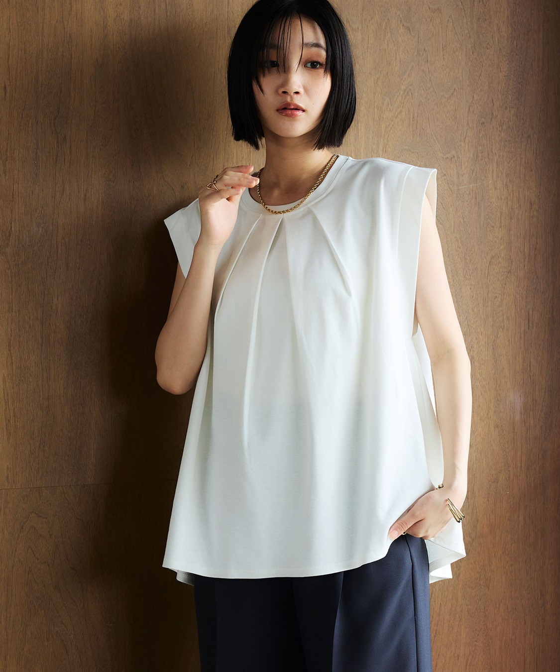 CROSS FUNCTION 《汗染み防止》エブ楽 天竺フロントタックノースリーブTシャツ_sub_1