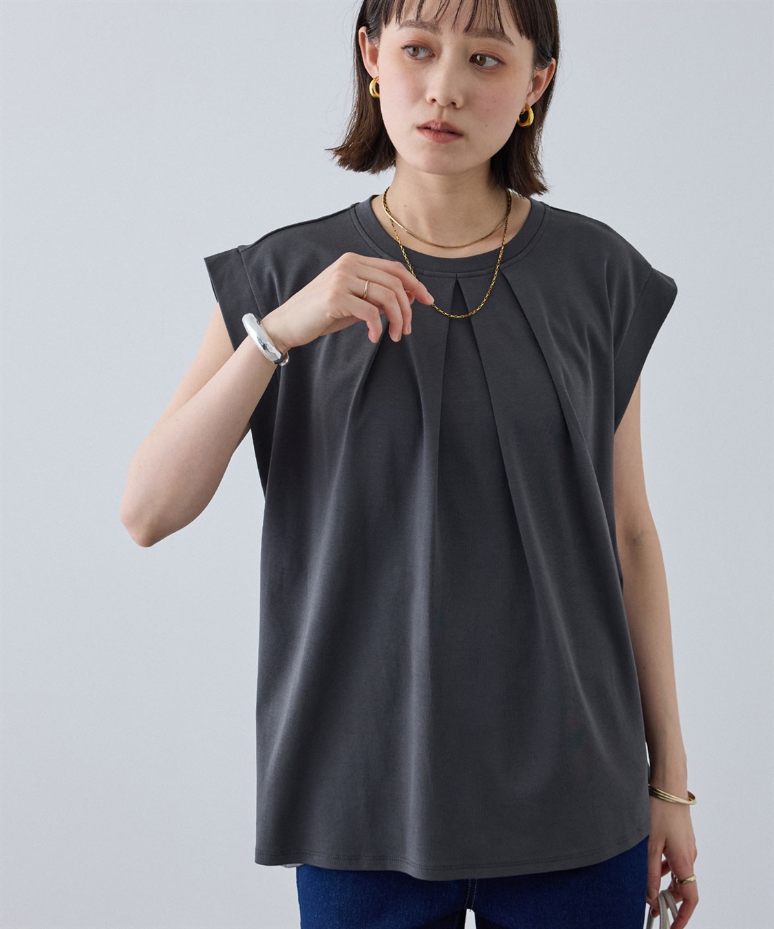 CROSS FUNCTION 《汗染み防止》エブ楽 天竺フロントタックノースリーブTシャツ_sub_2