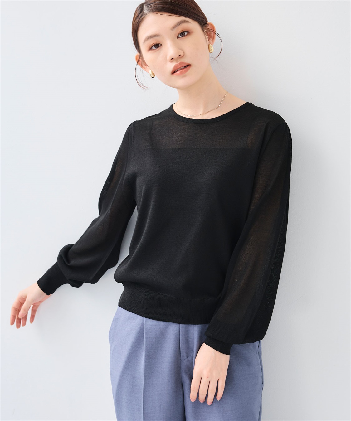 CROSS FUNCTION 《洗える》サマナチュラ シアー切り替えパフスリーブニットトップス_sub_2