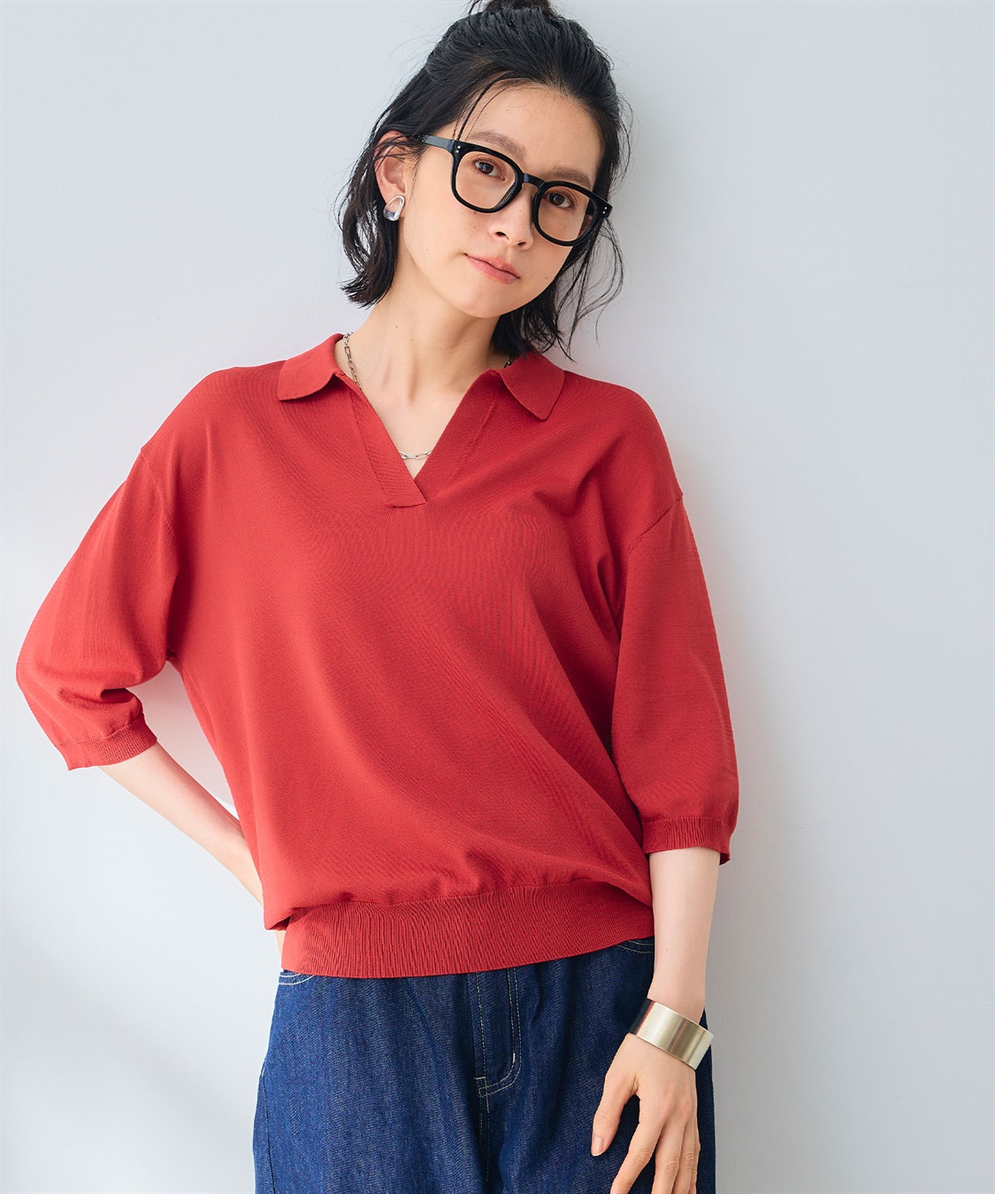 UV/洗える》サマ美え スキッパーポロニットプルオーバー CROSS