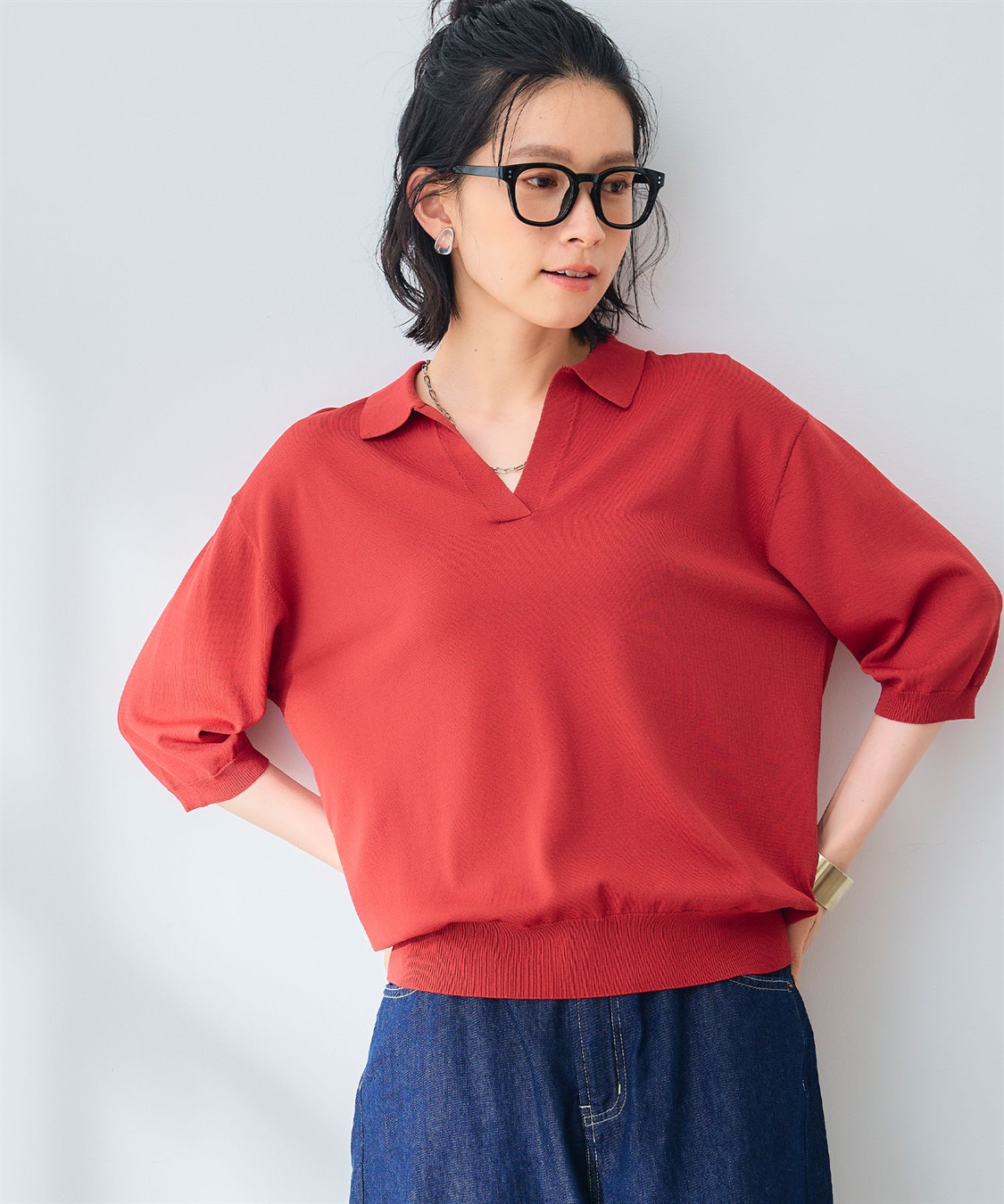 CROSS FUNCTION 《UV/洗える》サマ美え スキッパーポロニットプルオーバー_sub_10