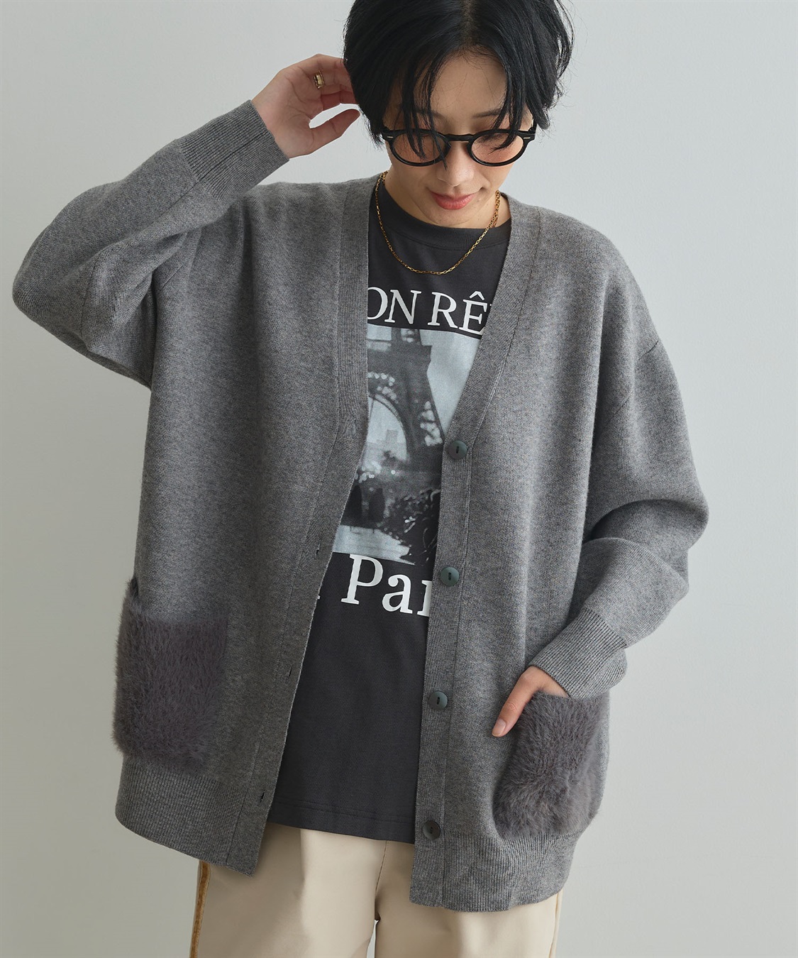 CROSS FUNCTION 《洗える》サマ美え ファーポケットVネックカーディガン_sub_1