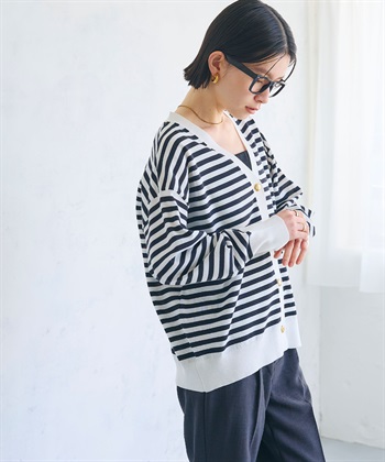 CROSS FUNCTION 《洗える》金釦ボーダーVネックカーディガン_subthumb_2