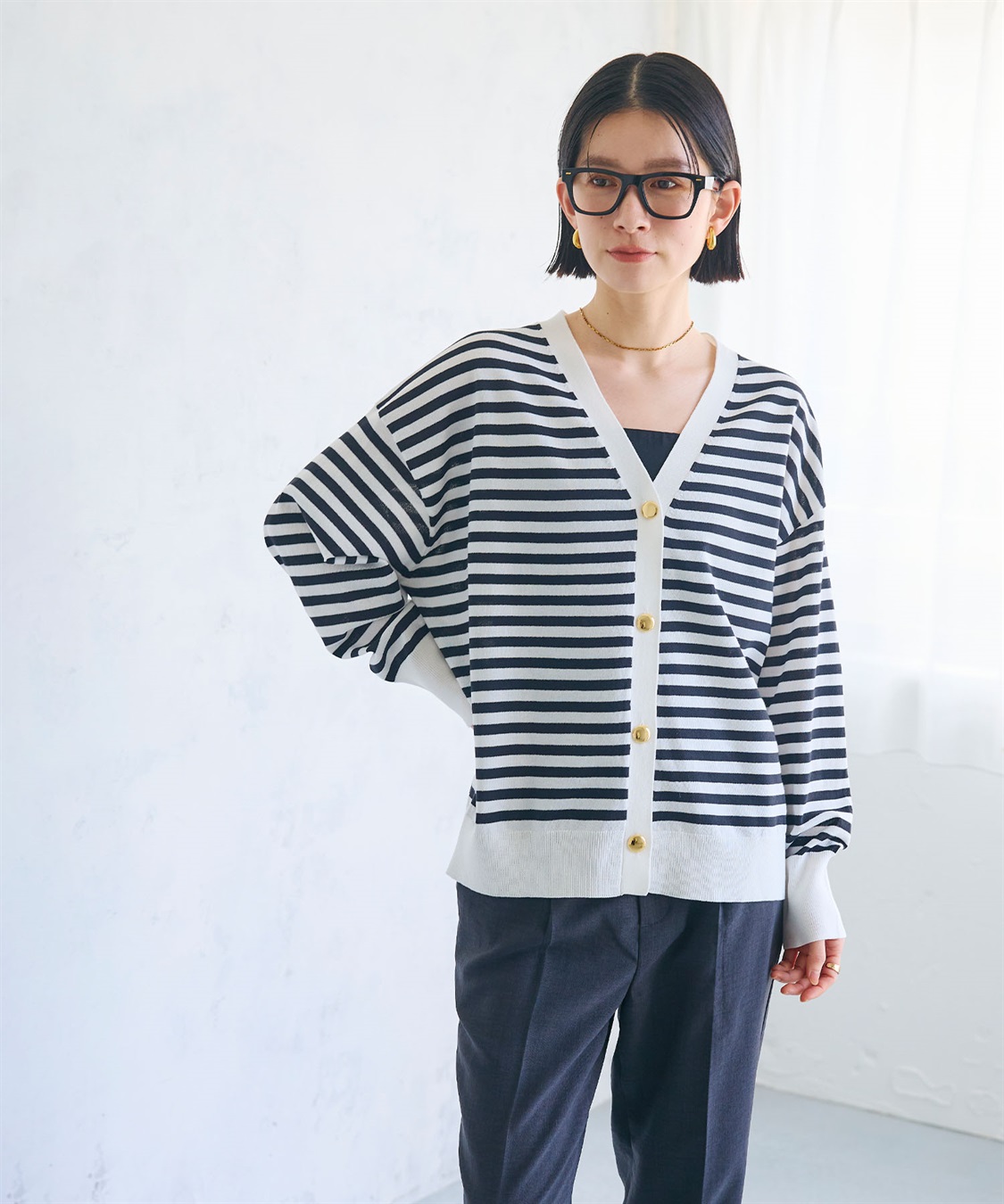 CROSS FUNCTION 《洗える》金釦ボーダーVネックカーディガン_sub_3