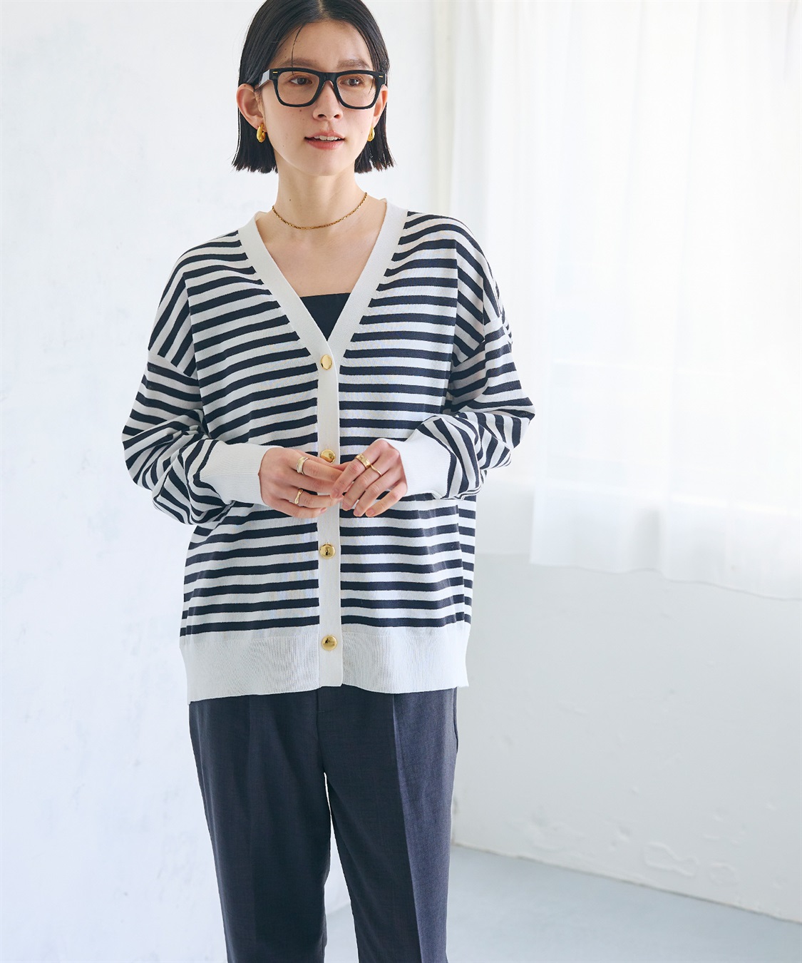 CROSS FUNCTION 《洗える》金釦ボーダーVネックカーディガン_sub_4
