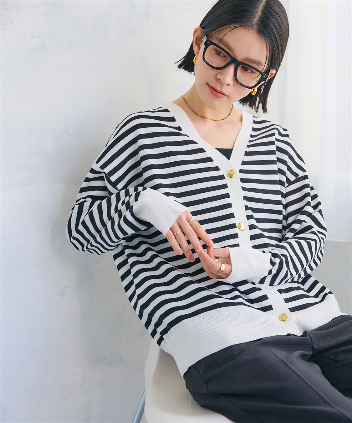 CROSS FUNCTION 《洗える》金釦ボーダーVネックカーディガン_sub_5