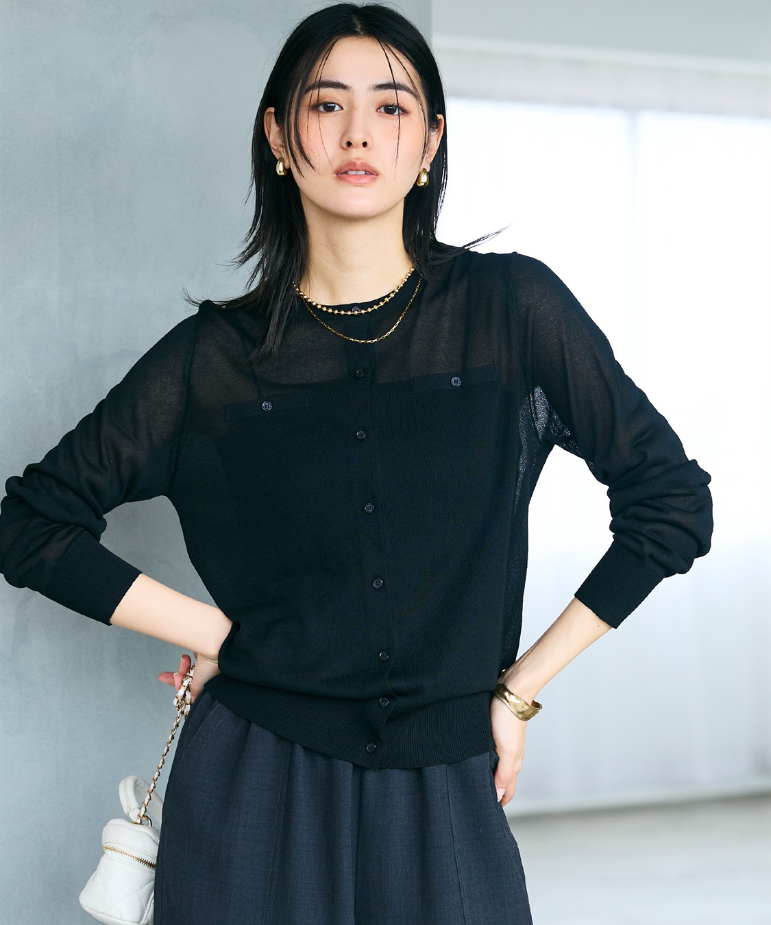 CROSS FUNCTION 《洗える》サマ美え フロントポケットシアーカーディガン_sub_1