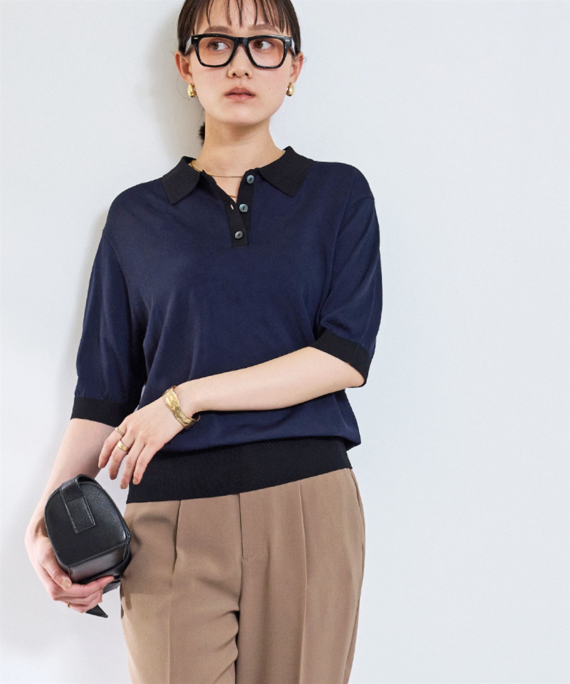 CROSS FUNCTION 《洗える》サマ美え 配色サマーニットポロトップス_sub_1