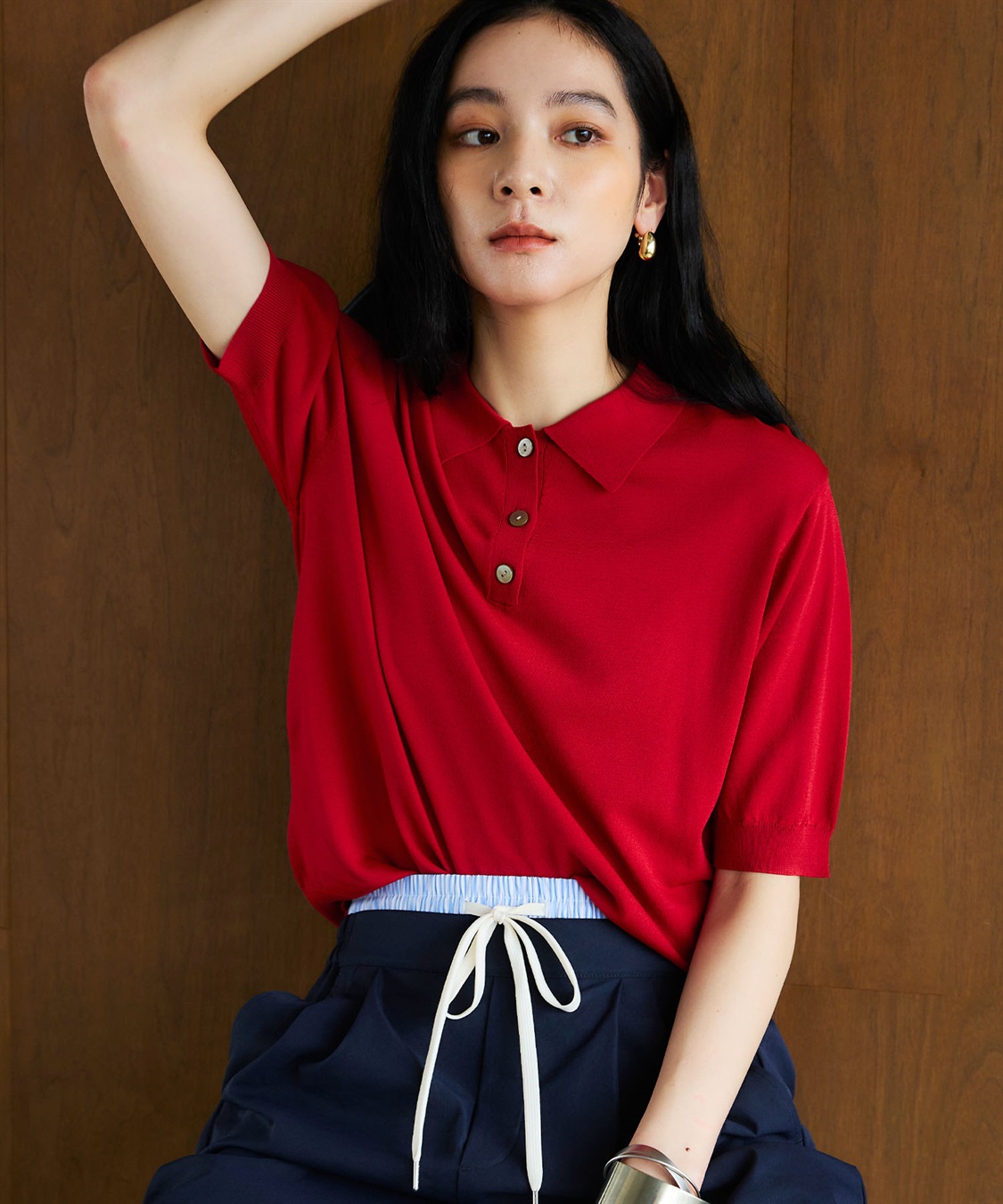 CROSS FUNCTION 《洗える》サマ美え 配色サマーニットポロトップス_sub_2