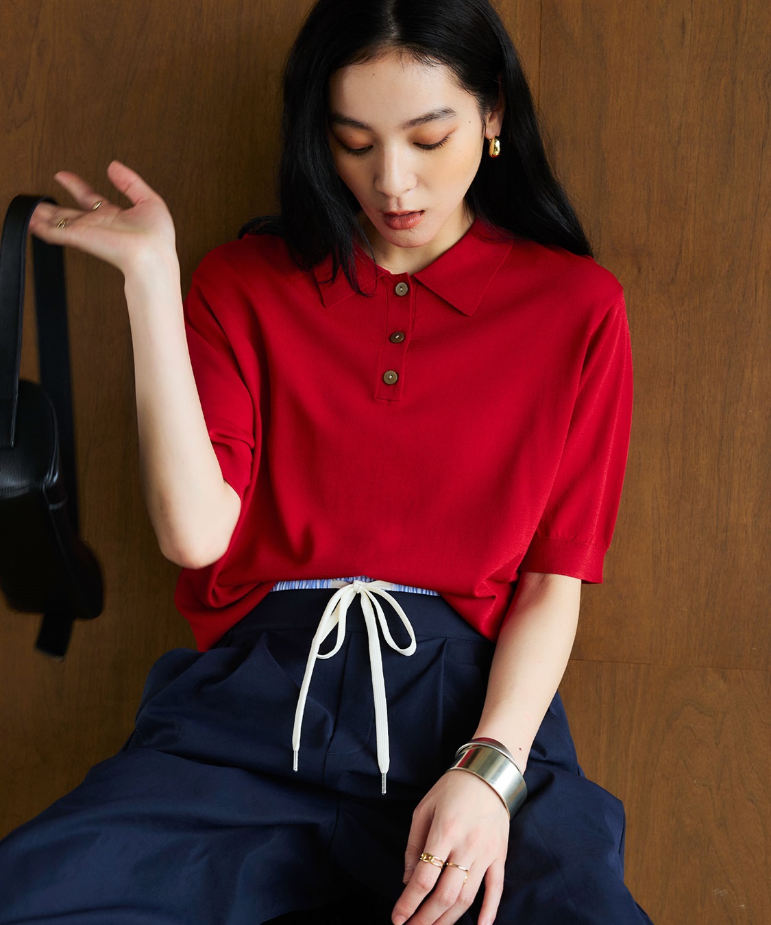 CROSS FUNCTION 《洗える》サマ美え 配色サマーニットポロトップス_sub_3