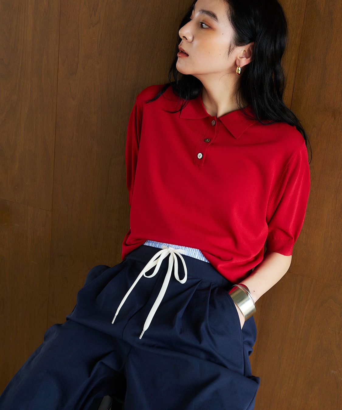 CROSS FUNCTION 《洗える》サマ美え 配色サマーニットポロトップス_sub_4