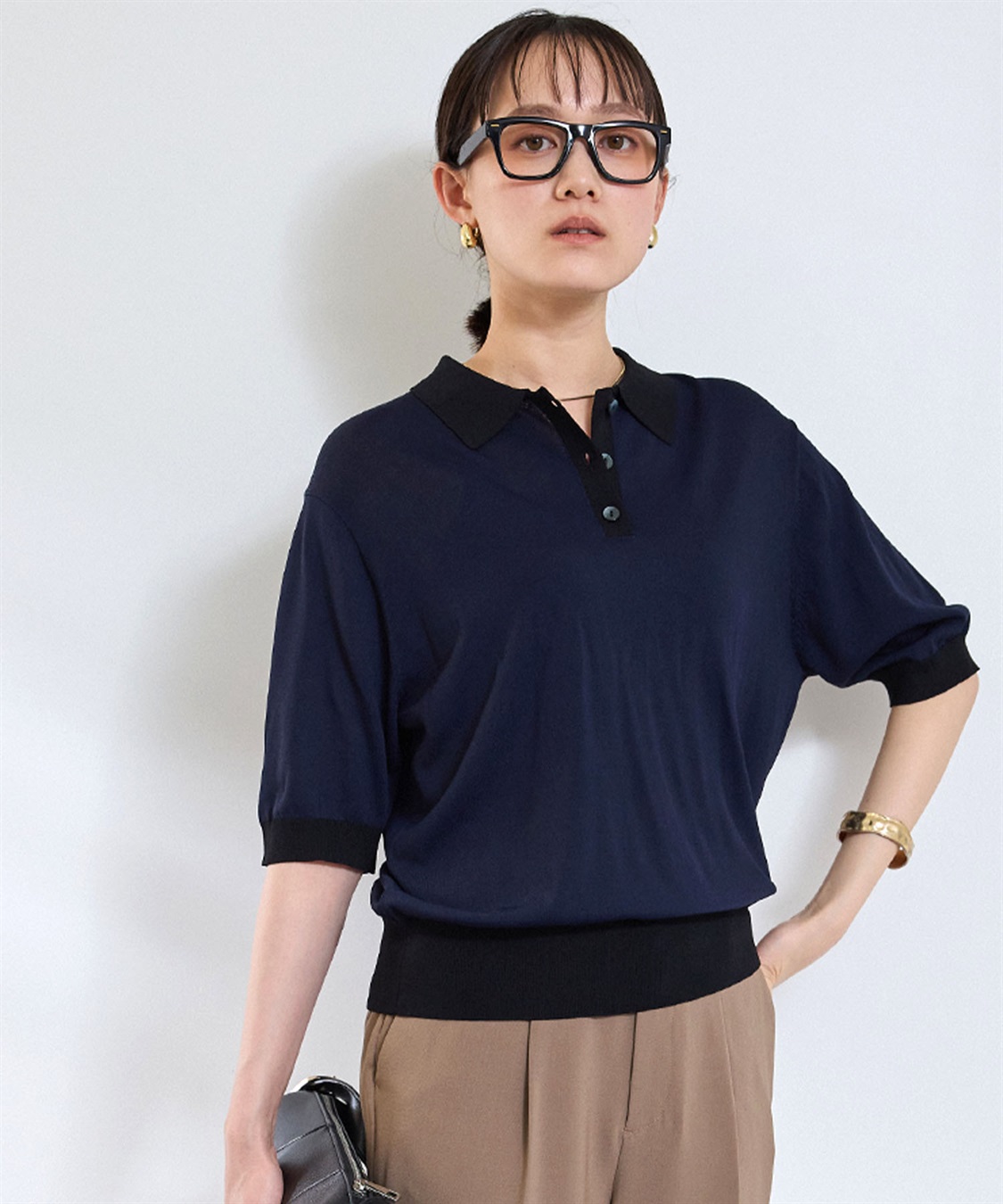 CROSS FUNCTION 《洗える》サマ美え 配色サマーニットポロトップス_sub_11