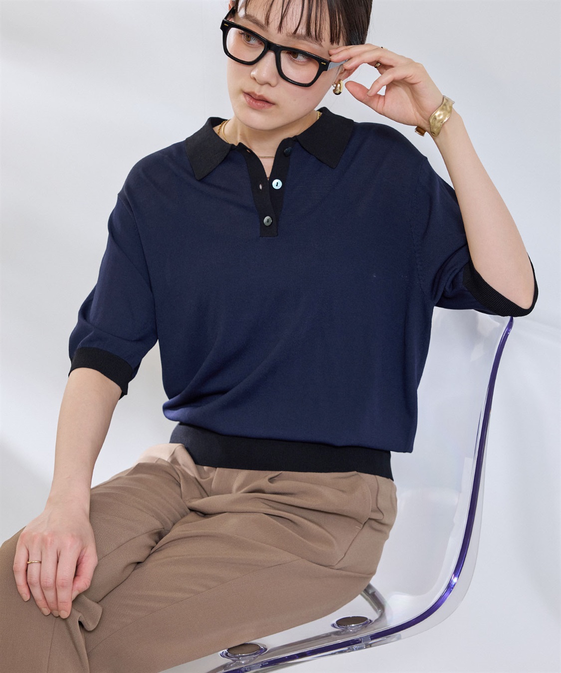 CROSS FUNCTION 《洗える》サマ美え 配色サマーニットポロトップス_sub_13