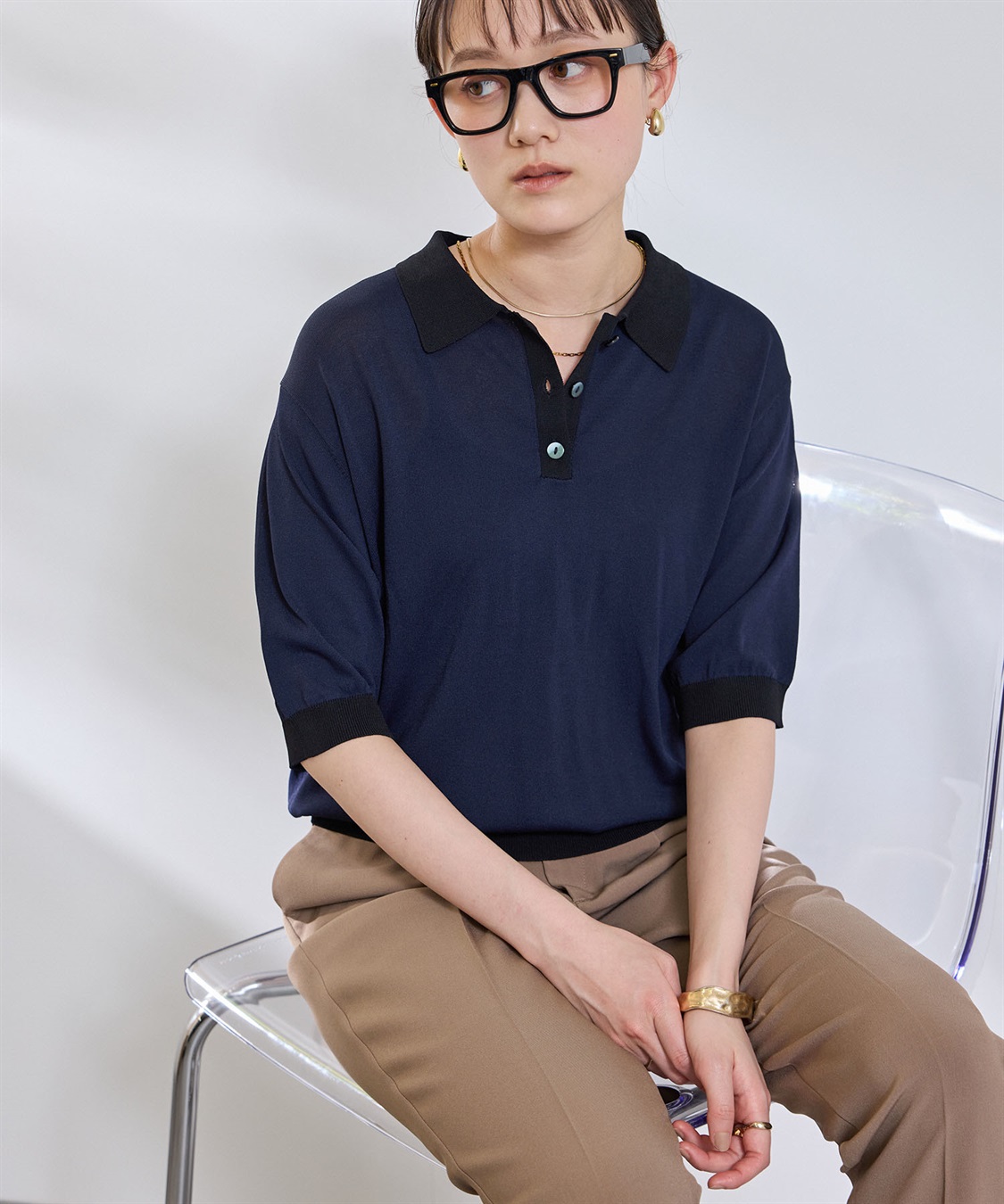 CROSS FUNCTION 《洗える》サマ美え 配色サマーニットポロトップス_sub_14