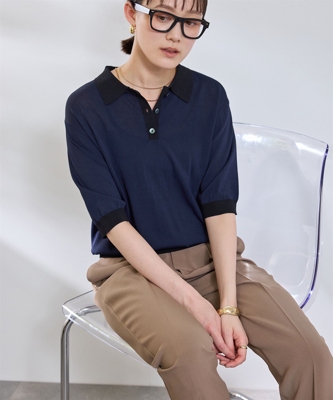 CROSS FUNCTION 《洗える》サマ美え 配色サマーニットポロトップス_sub_15