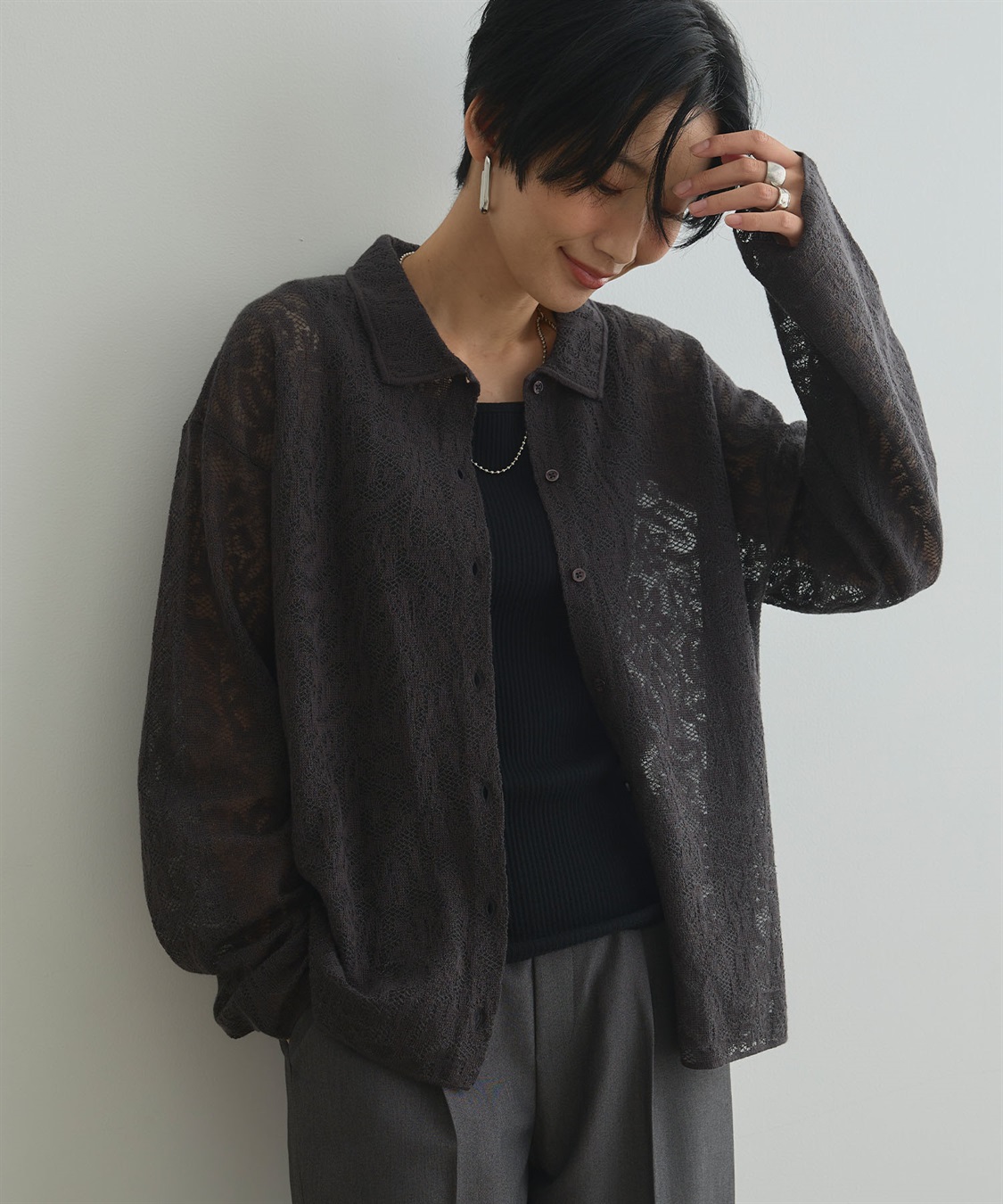 CROSS FUNCTION 《洗える》サマ美え シアージャガードレースニットカーディガン_sub_3