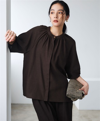 CROSS FUNCTION 《撥水》エブ楽 リネンライクバンドカラーランタンスリーブブラウス_subthumb_2