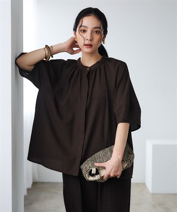 CROSS FUNCTION 《撥水》エブ楽 リネンライクバンドカラーランタンスリーブブラウス_subthumb_4