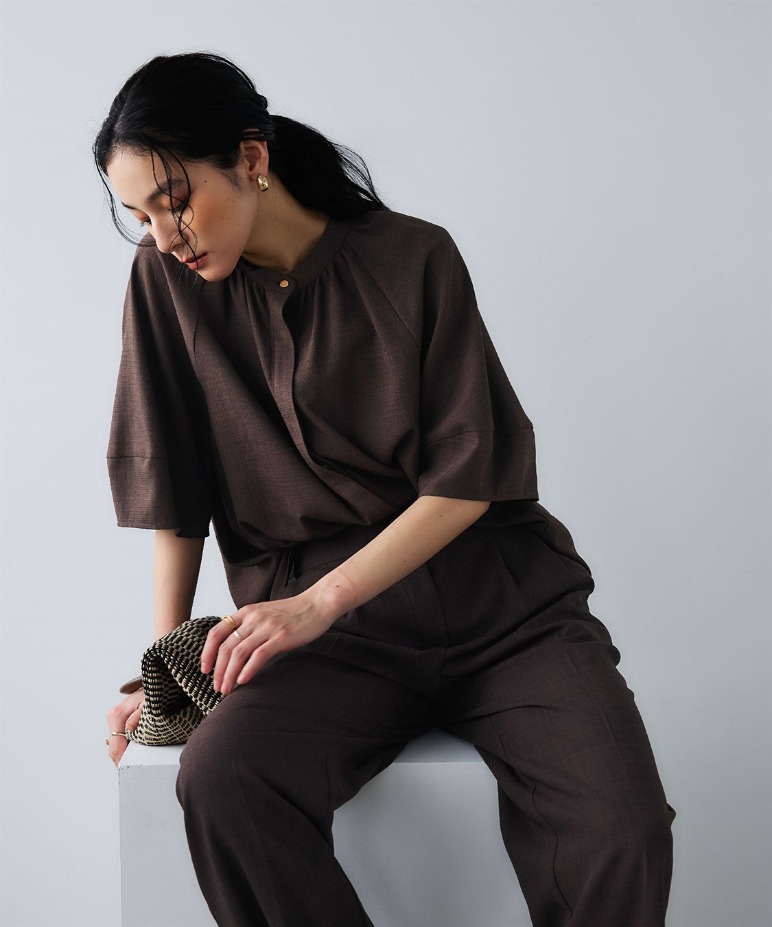 CROSS FUNCTION 《撥水》エブ楽 リネンライクバンドカラーランタンスリーブブラウス_sub_7