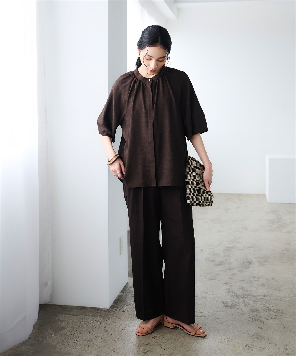 CROSS FUNCTION 《撥水》エブ楽 リネンライクバンドカラーランタンスリーブブラウス_sub_8