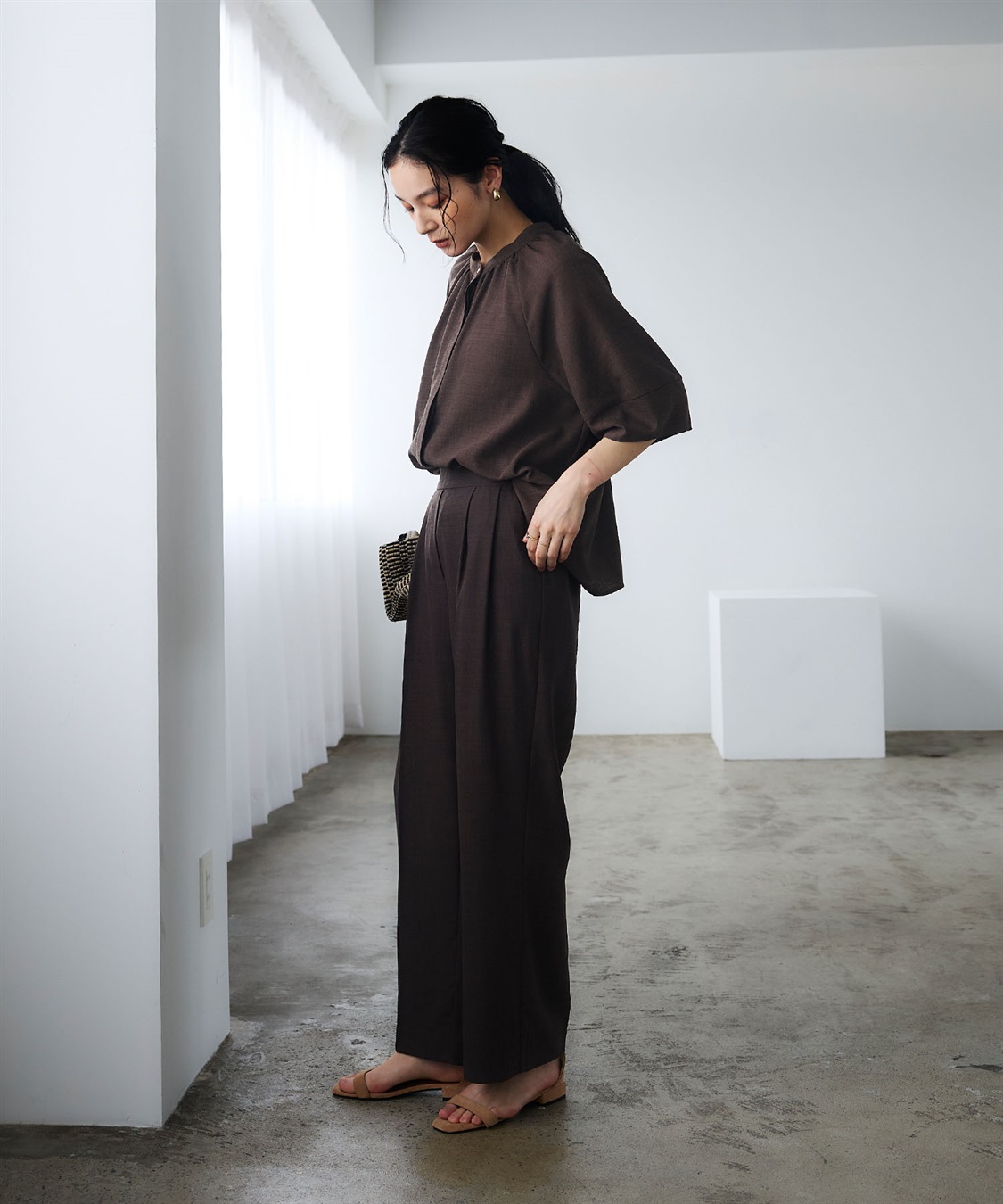 CROSS FUNCTION 《撥水》エブ楽 リネンライクバンドカラーランタンスリーブブラウス_sub_14