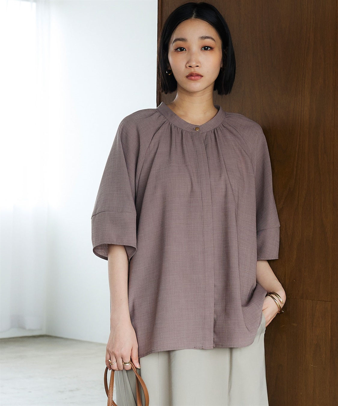 CROSS FUNCTION 《撥水》エブ楽 リネンライクバンドカラーランタンスリーブブラウス_sub_20