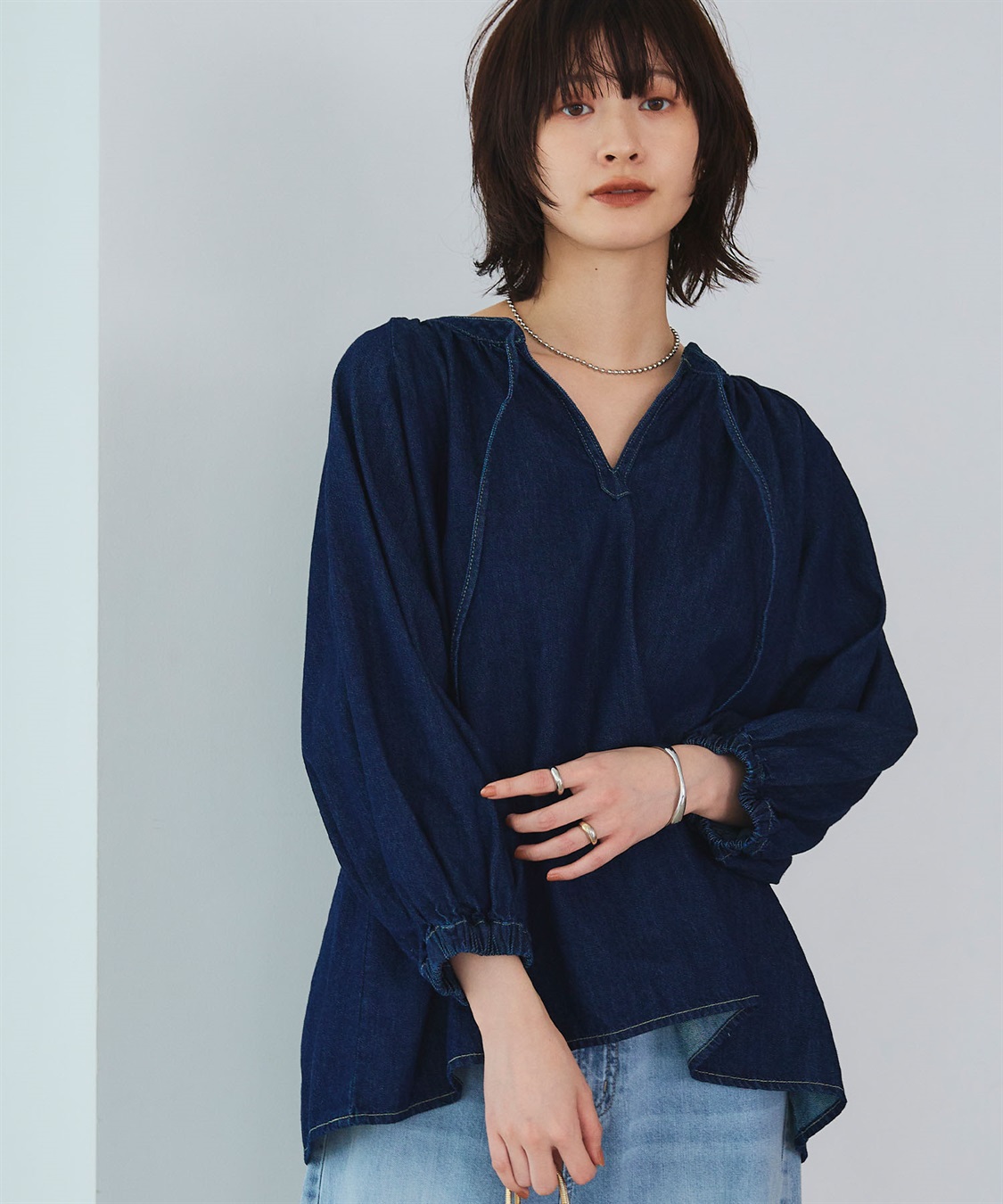 CROSS FUNCTION 《撥水》FRESH DENIM デニムカフタンボリュームスリーブブラウス_sub_1