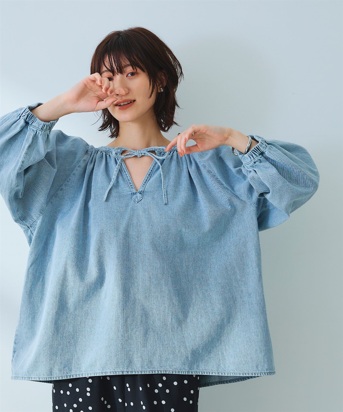 CROSS FUNCTION 《撥水》FRESH DENIM デニムカフタンボリュームスリーブブラウス_sub_6