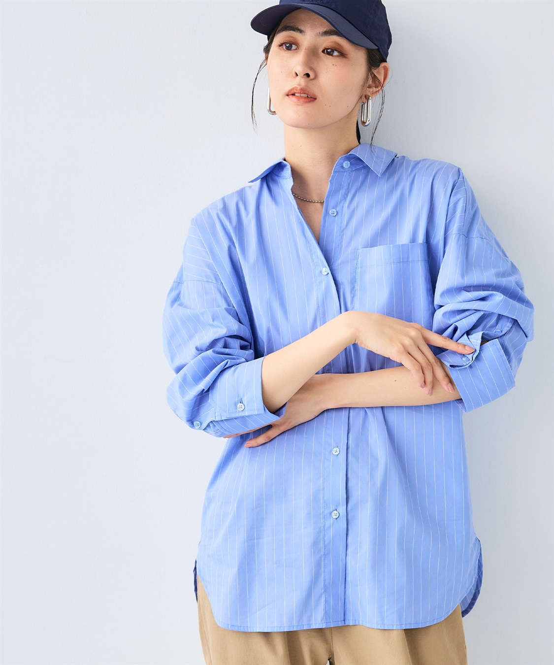 極美品✨ブラミンク 長袖 ブラウス カットソー ストライプ 青 白 セール】 カットワーク刺繍ストライプブラウス （シャツ