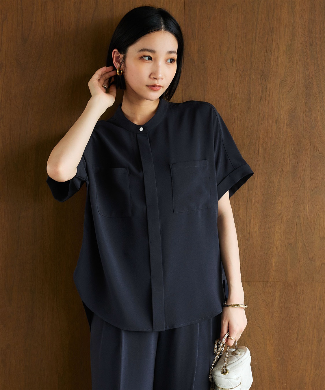 CROSS FUNCTION 《防シワ》サマナチュラリュクス ダブルポケットバンドカラーブラウス_sub_21