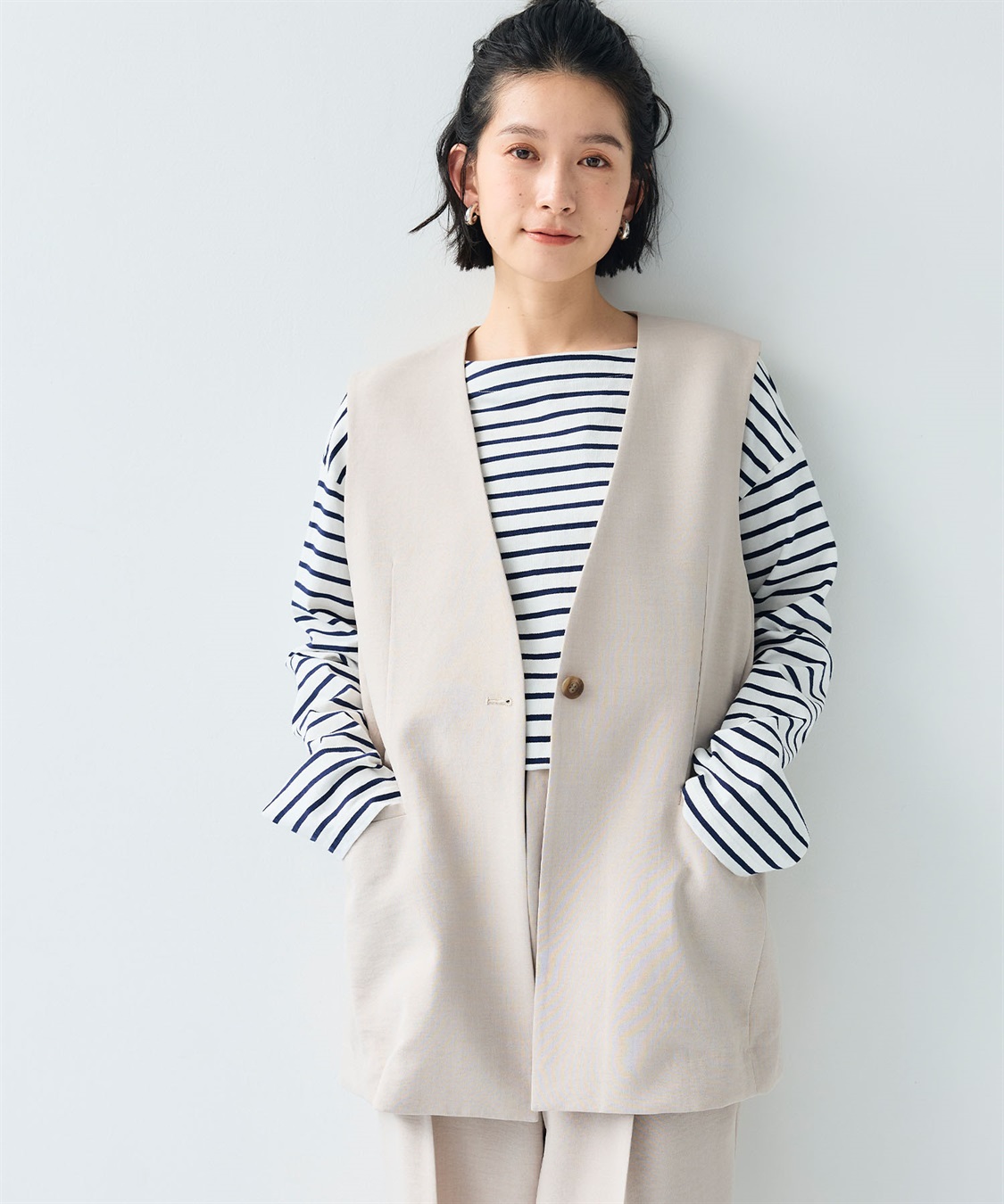 CROSS FUNCTION 《シワになりにくい》サマナチュラ リネンライクノーカラーVネックジレ_sub_1