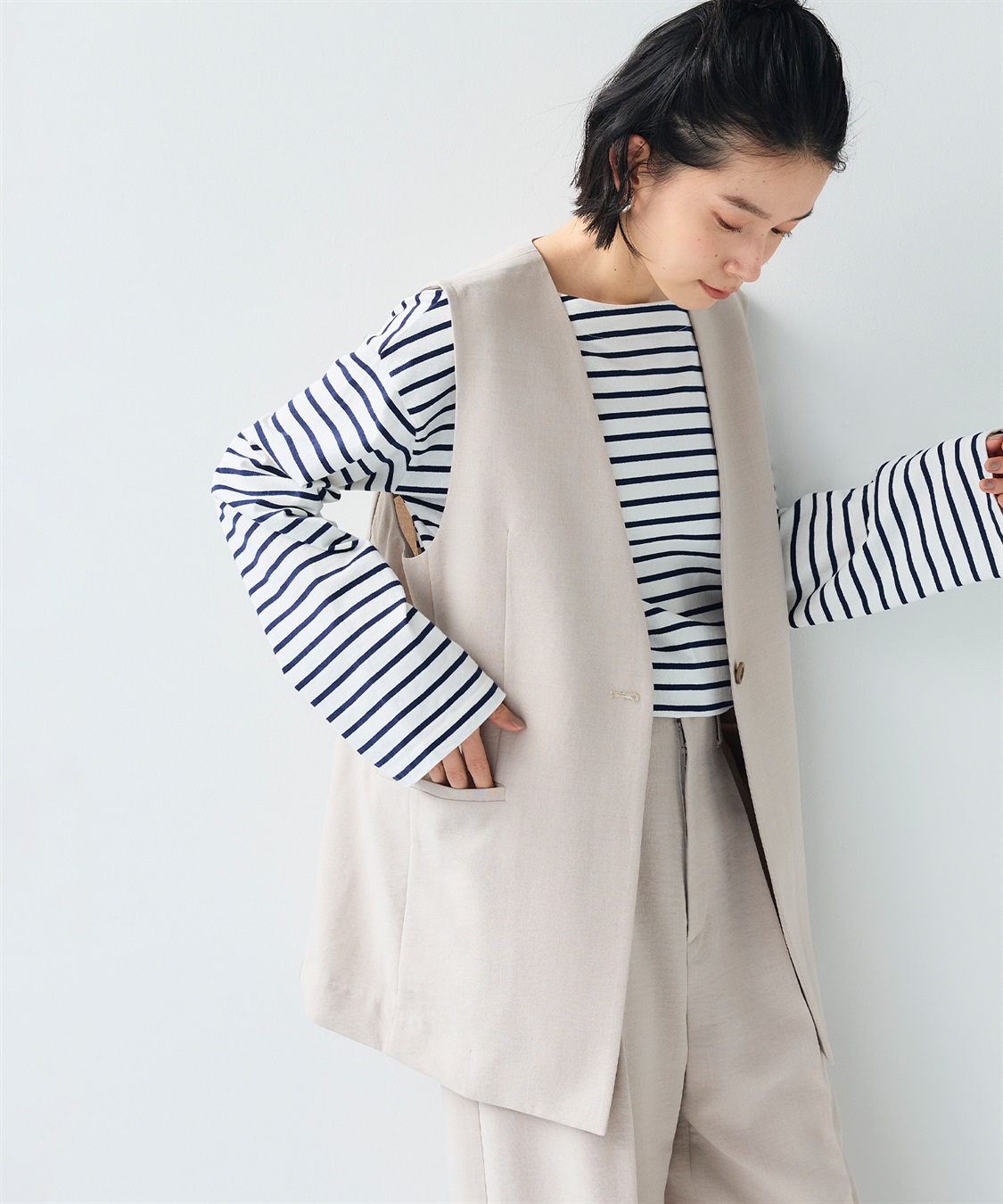 CROSS FUNCTION 《シワになりにくい》サマナチュラ リネンライクノーカラーVネックジレ_sub_3