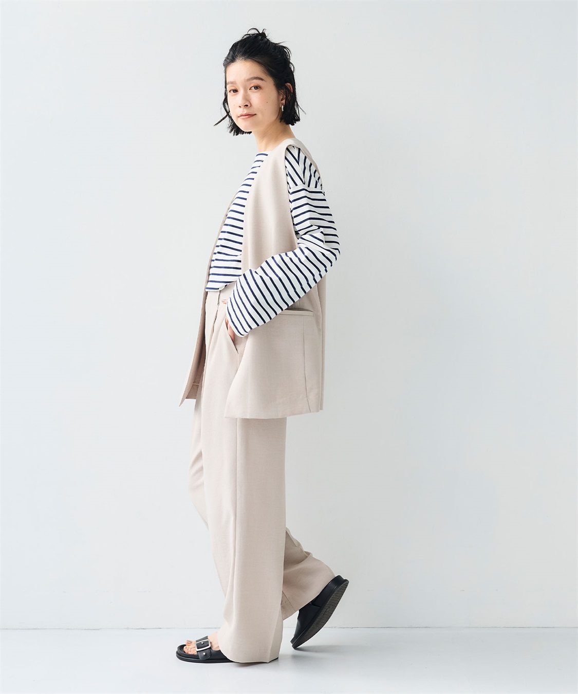 CROSS FUNCTION 《シワになりにくい》サマナチュラ リネンライクノーカラーVネックジレ_sub_5