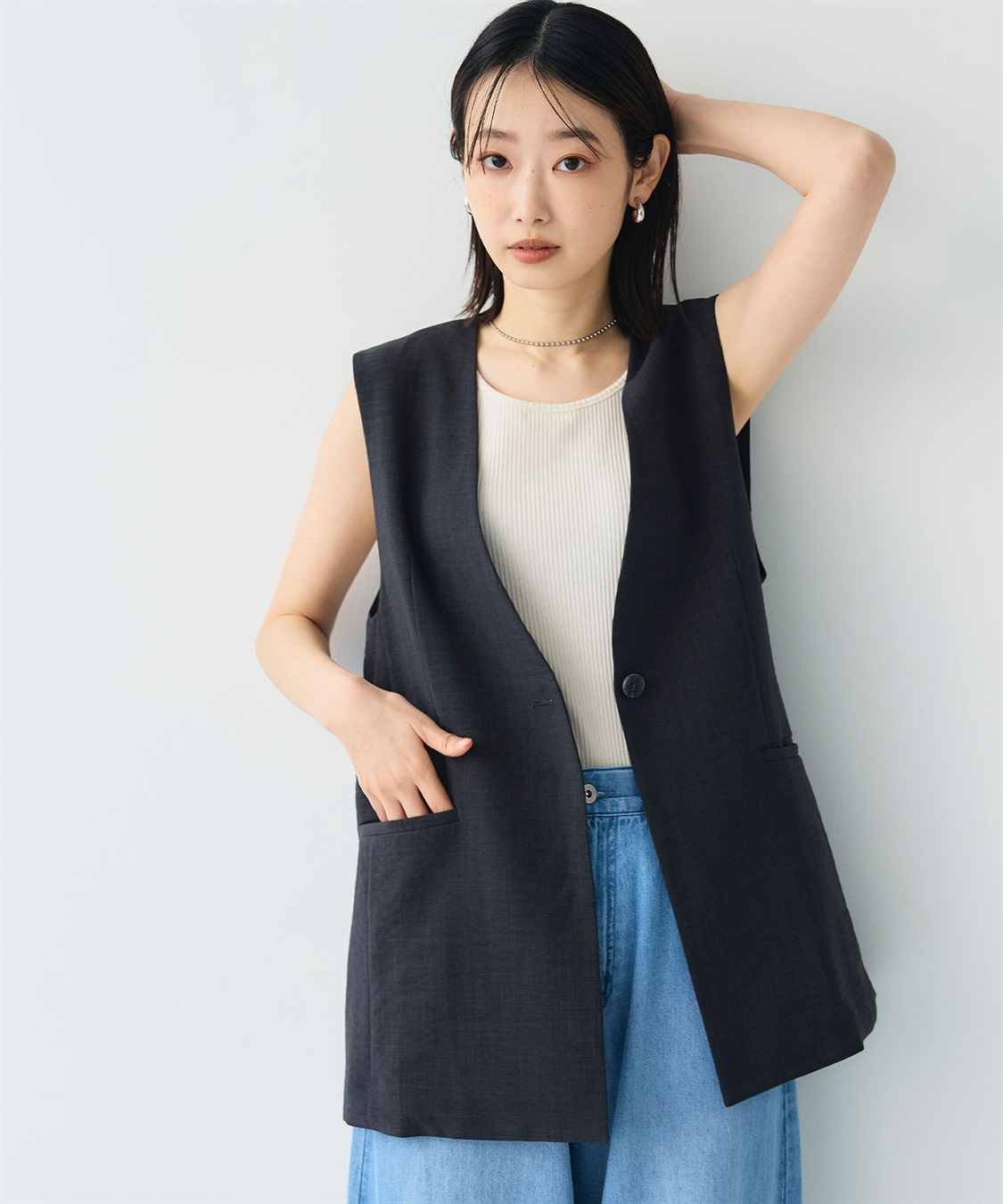 CROSS FUNCTION 《シワになりにくい》サマナチュラ リネンライクノーカラーVネックジレ_sub_8