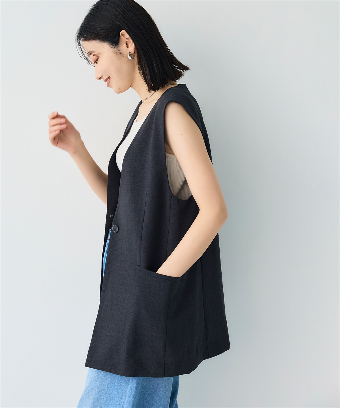 CROSS FUNCTION 《シワになりにくい》サマナチュラ リネンライクノーカラーVネックジレ_sub_9