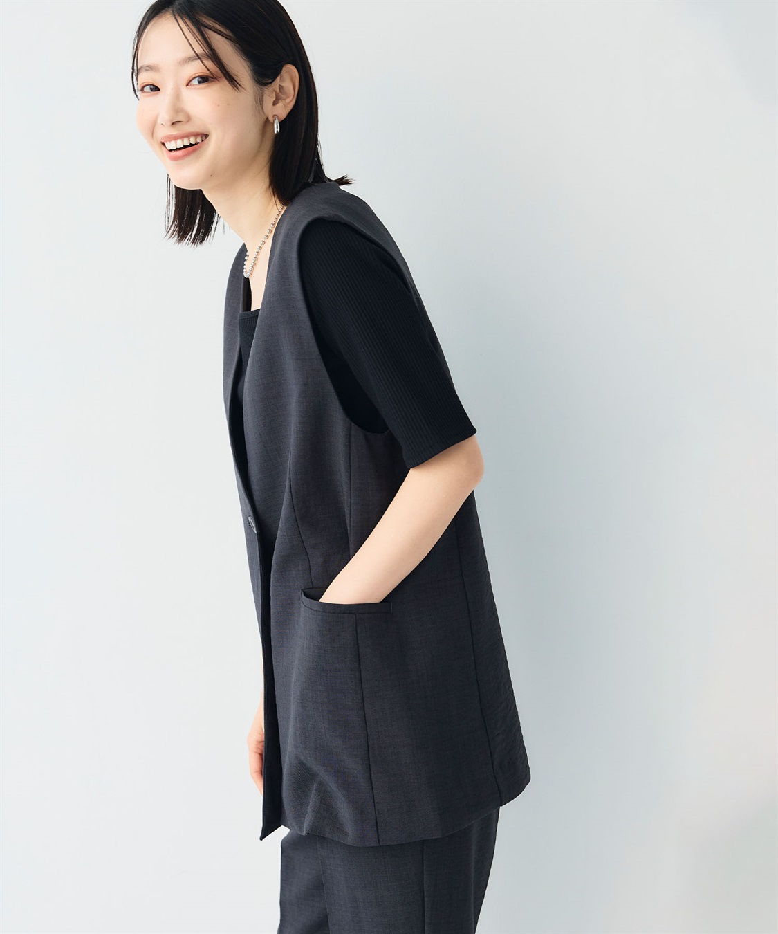 CROSS FUNCTION 《シワになりにくい》サマナチュラ リネンライクノーカラーVネックジレ_sub_15