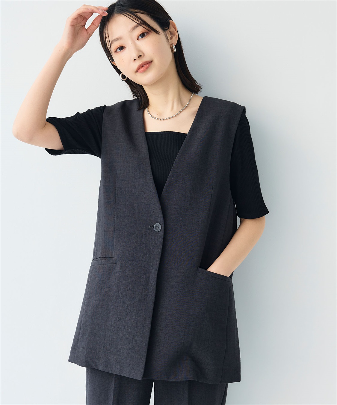 CROSS FUNCTION 《シワになりにくい》サマナチュラ リネンライクノーカラーVネックジレ_sub_16