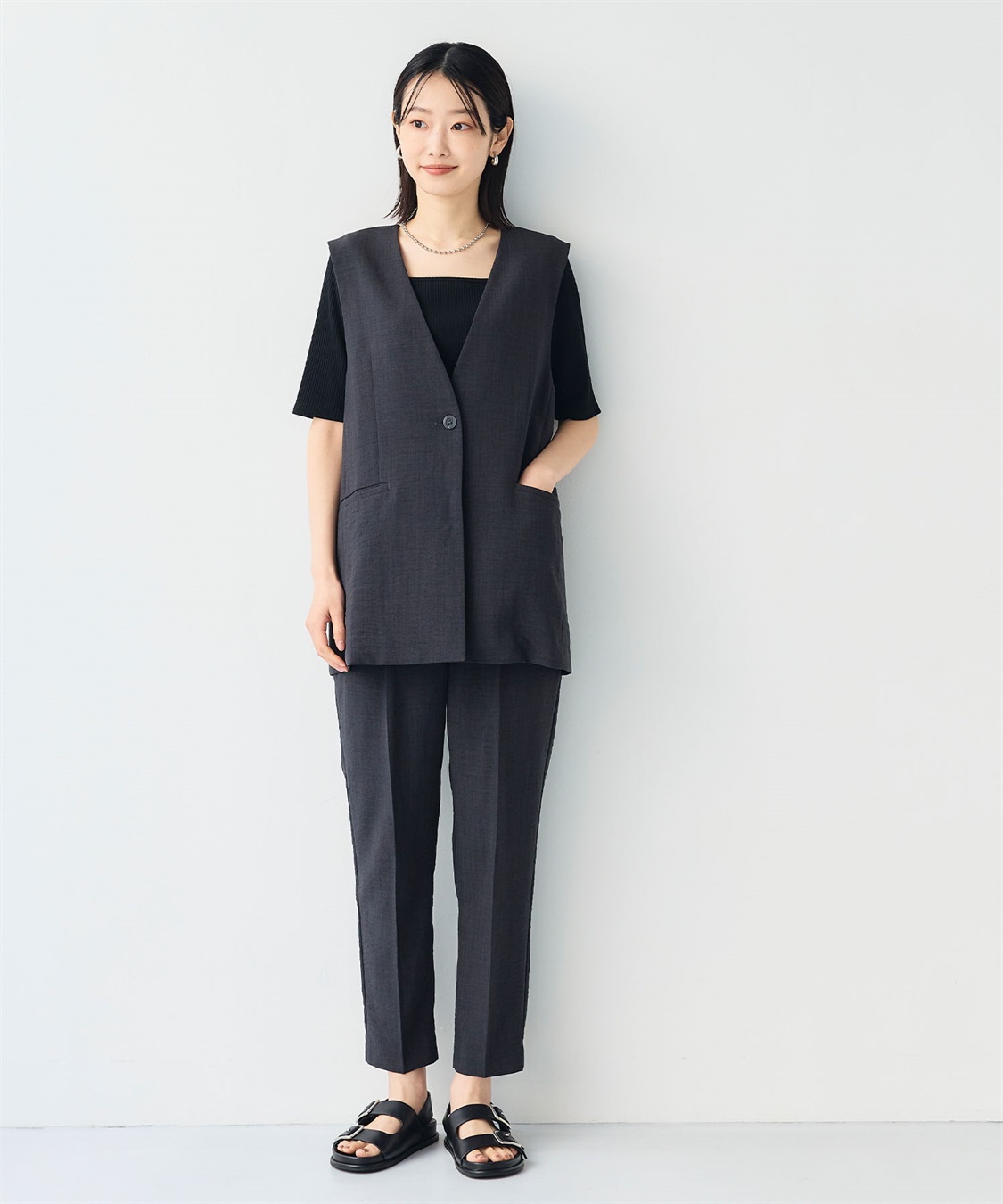 CROSS FUNCTION 《シワになりにくい》サマナチュラ リネンライクノーカラーVネックジレ_sub_17