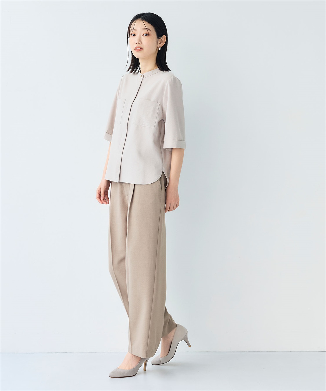 CROSS FUNCTION 《シワになりにくい》サマナチュラ リネンライクバンドカラーハーフスリーブブラウス_sub_5