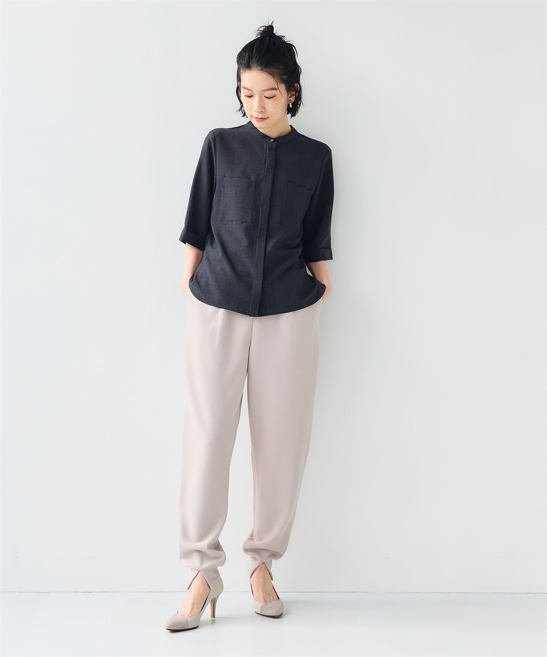 CROSS FUNCTION 《シワになりにくい》サマナチュラ リネンライクバンドカラーハーフスリーブブラウス_sub_16