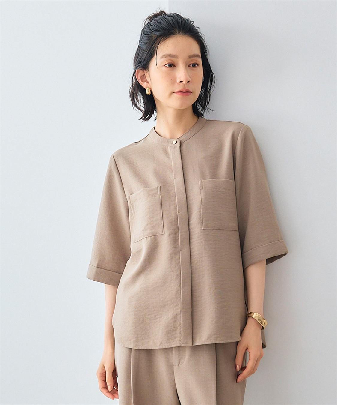 CROSS FUNCTION 《シワになりにくい》サマナチュラ リネンライクバンドカラーハーフスリーブブラウス_sub_17