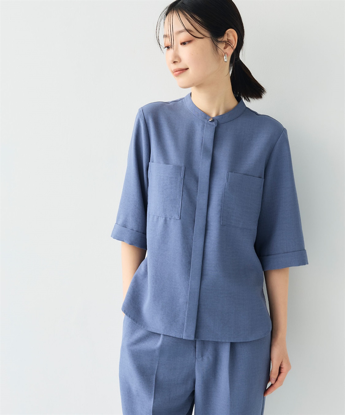 CROSS FUNCTION 《シワになりにくい》サマナチュラ リネンライクバンドカラーハーフスリーブブラウス_sub_22