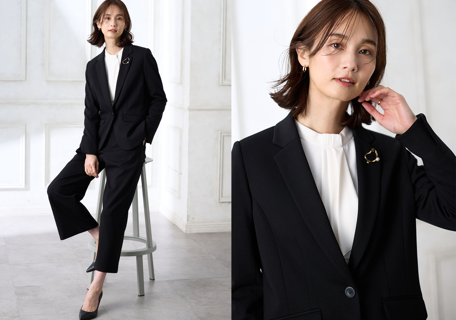 ブラックの【アルファブリック】テーラードジャケット【セットアップ対応】・ブラックの【アルファブリック】ワイドパンツ【セットアップ対応】・ホワイトのボウタイブラウスを着用した女性の画像